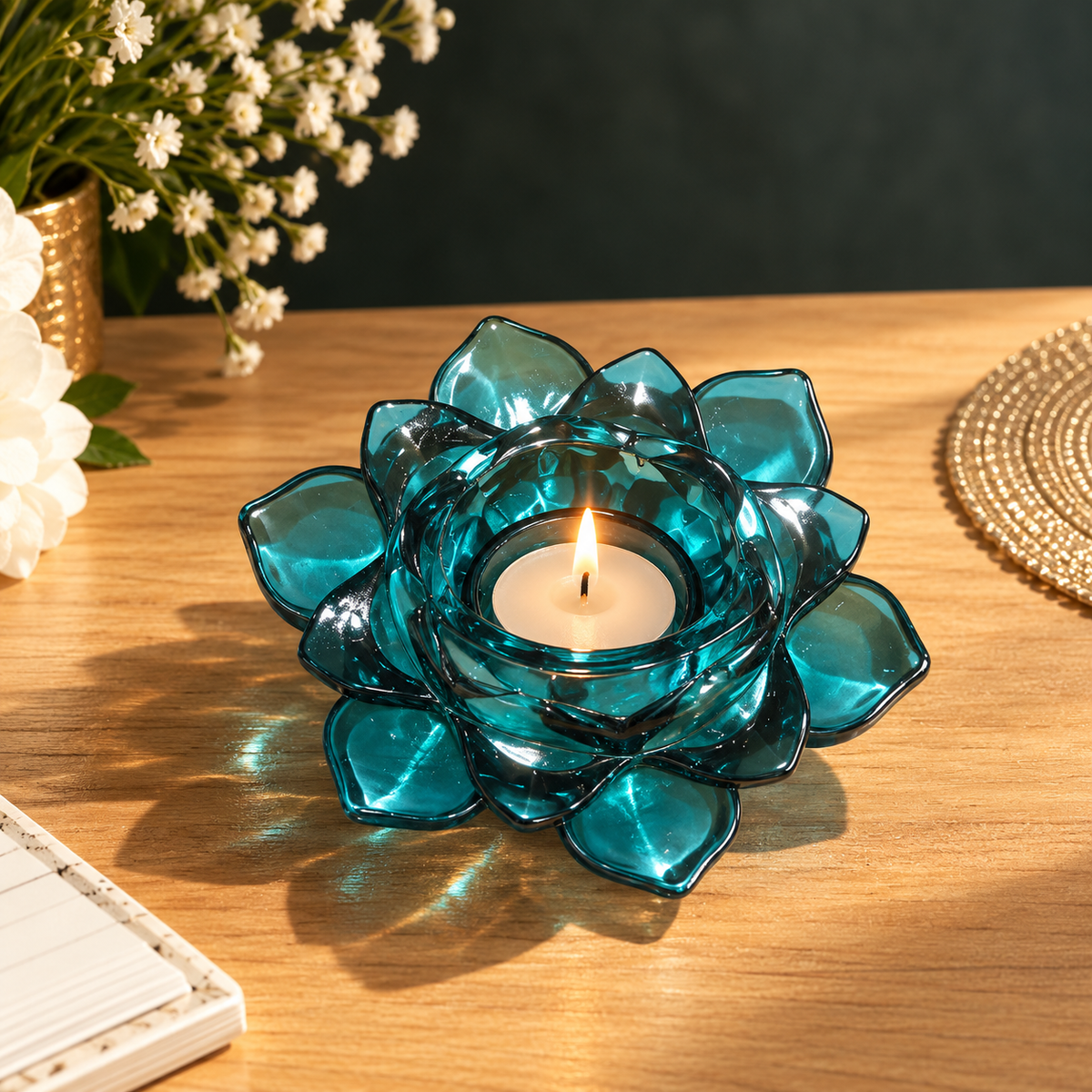 Blue Lotus Glass Tealight Candle Holder