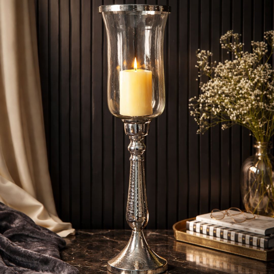 Silver Hammered Vintage Candle Holder, Large
