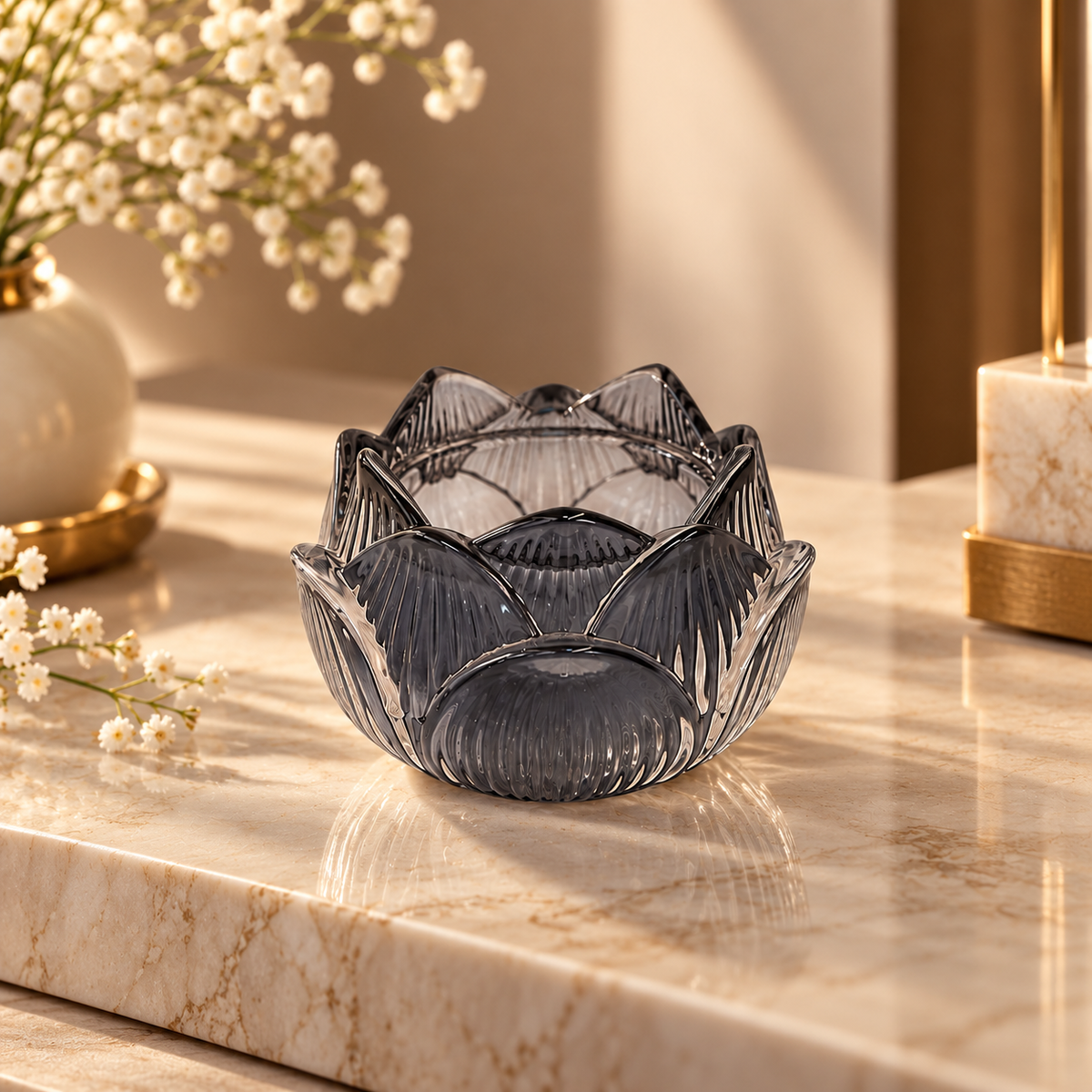 Lotus Glass Candle Holder, Black