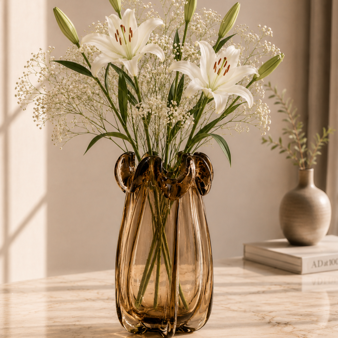 Twisted Rim Glass Vase, Amber Smoke, Small