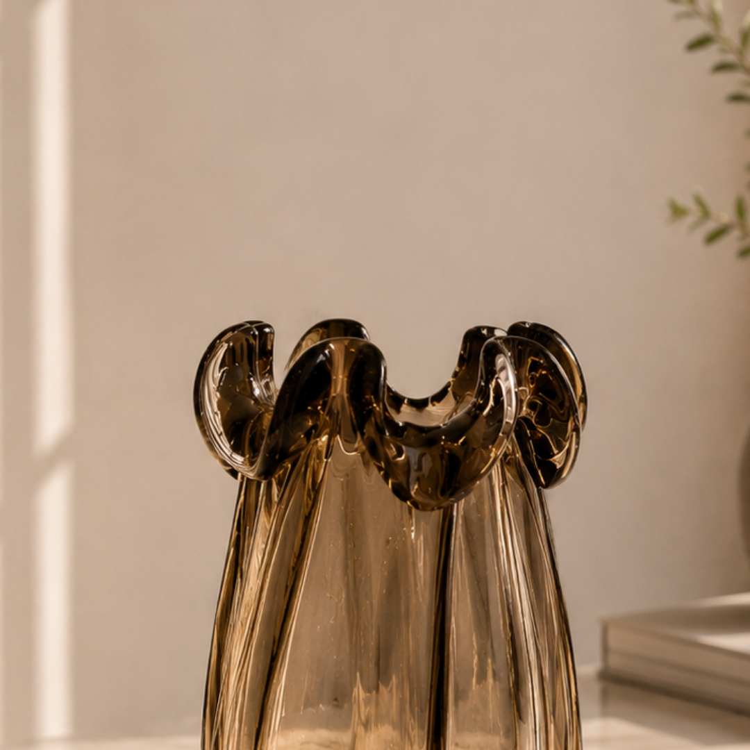 Twisted Rim Glass Vase, Amber Smoke, Large