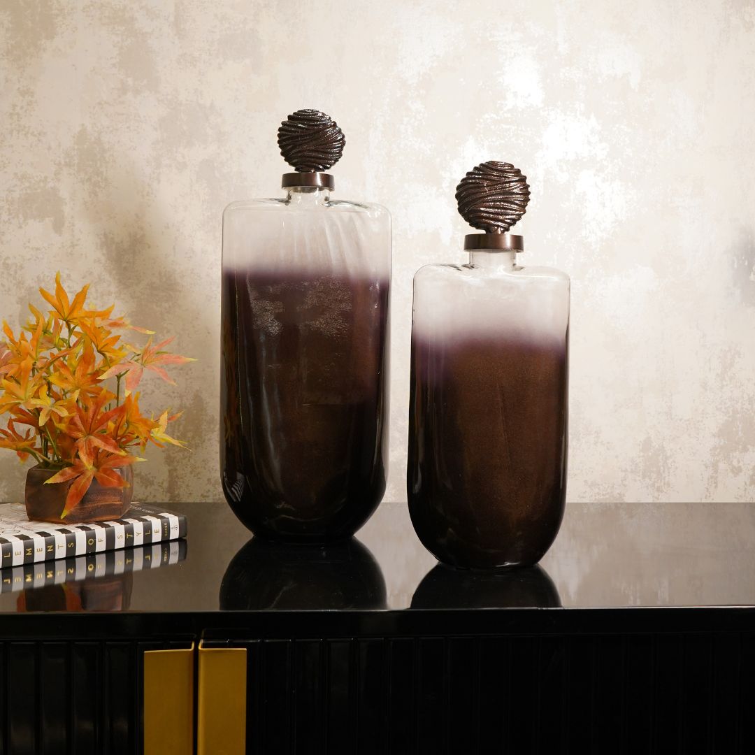 Grey & Black Textured Glass Décor Piece with Ornamental Lid, set of 2