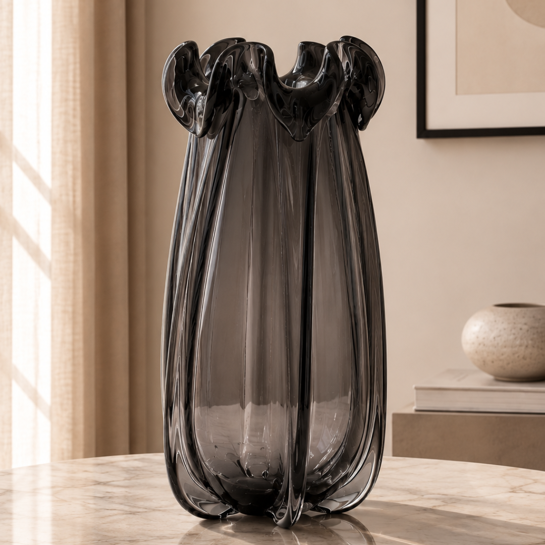 Sculpted Wave Glass Vase, Smoky Grey, Large