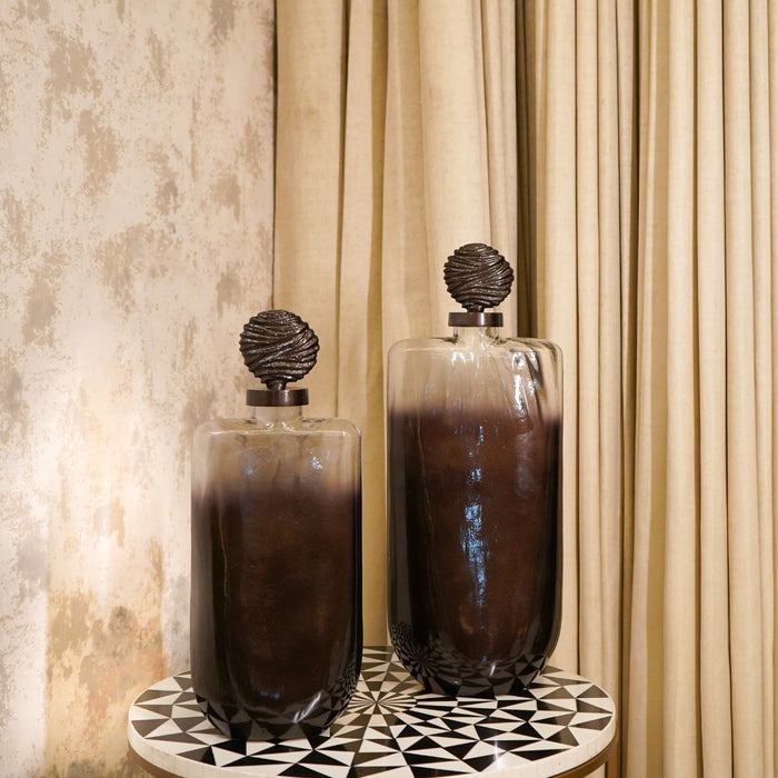 Grey & Black Textured Glass Décor Piece with Ornamental Lid, set of 2