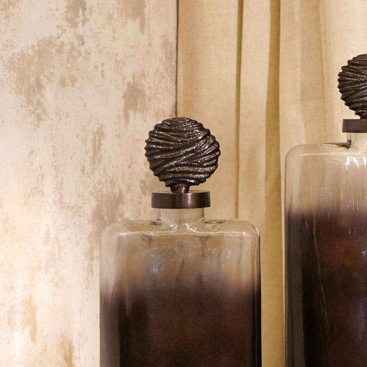 Grey & Black Textured Glass Décor Piece with Ornamental Lid, set of 2