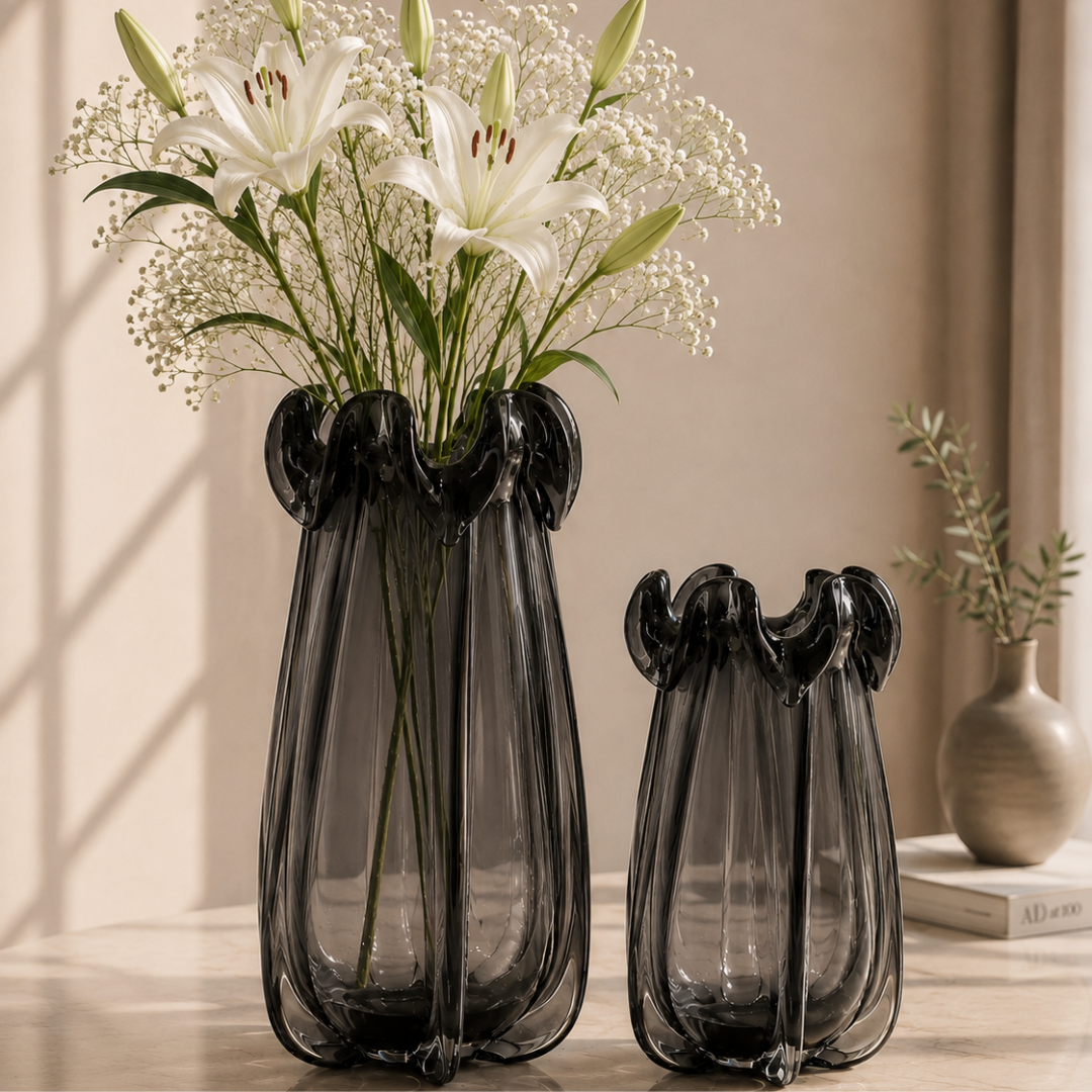 Sculpted Wave Glass Vase, Smoky Grey, Large