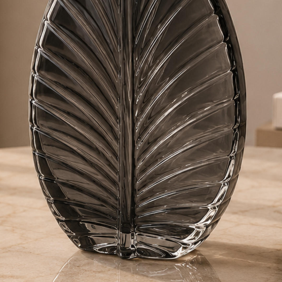 Sculpted Leaf Glass Vase, Smoky Grey, Small