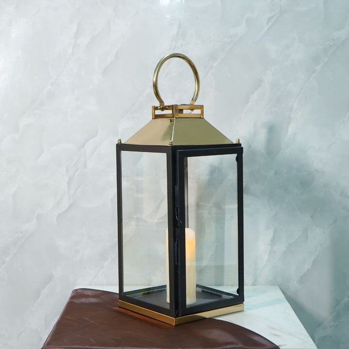 Lantern Stainless Steel & GLass Black & Gold