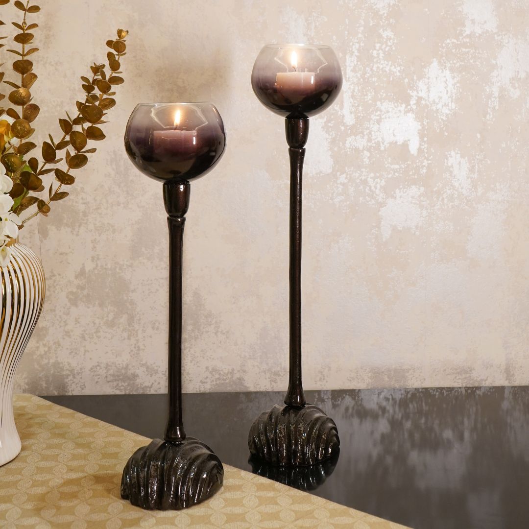Grey & Black Ombre Tall Metal Glass Candle Holders, set of 2