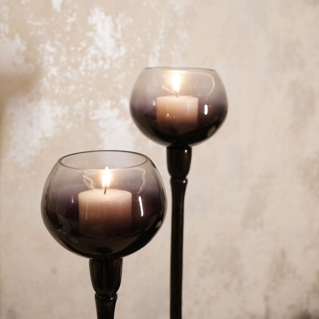 Grey & Black Ombre Tall Metal Glass Candle Holders, set of 2