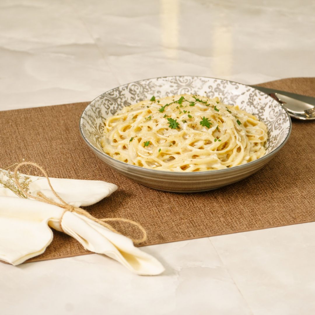 Classic Ivory-Grey Patterned Ceramic Pasta Plate