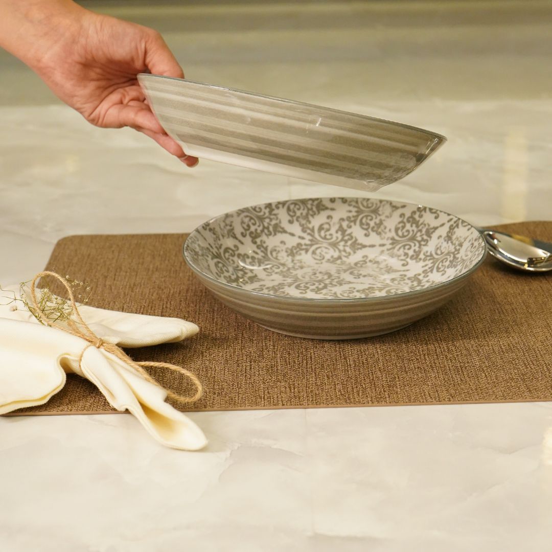 Classic Ivory-Grey Patterned Ceramic Pasta Plate