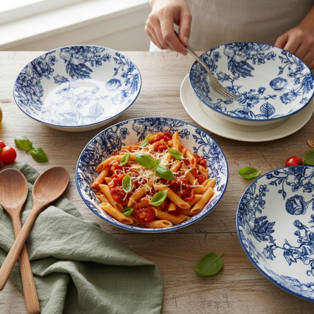 Blue Floral Patterned Ceramic Pasta Plate