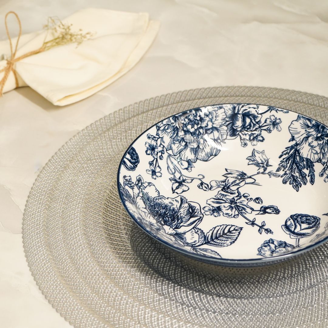 Blue Floral Patterned Ceramic Pasta Plate