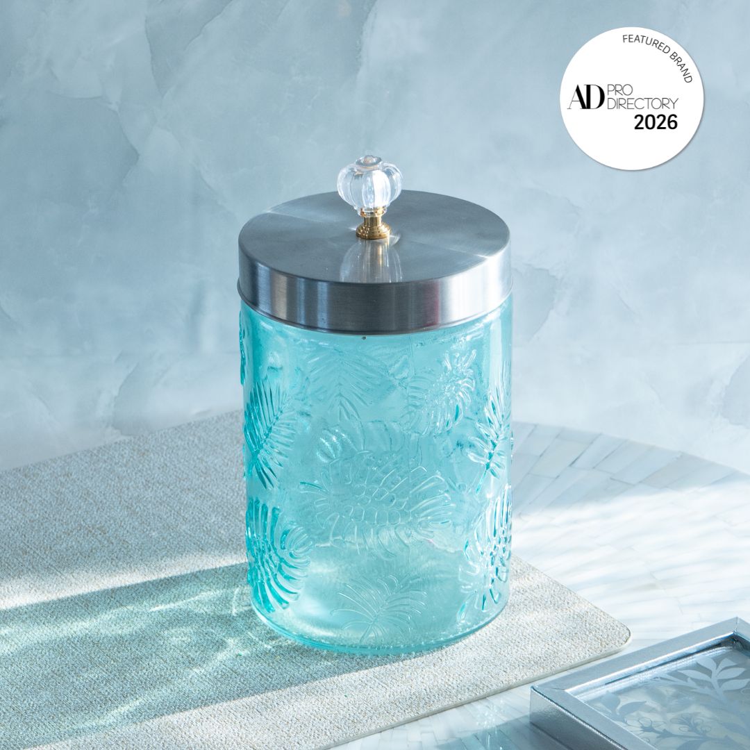 Large Blue Leaf Patterned Glass Jar w/ Airtight Lid & Crystal Knob