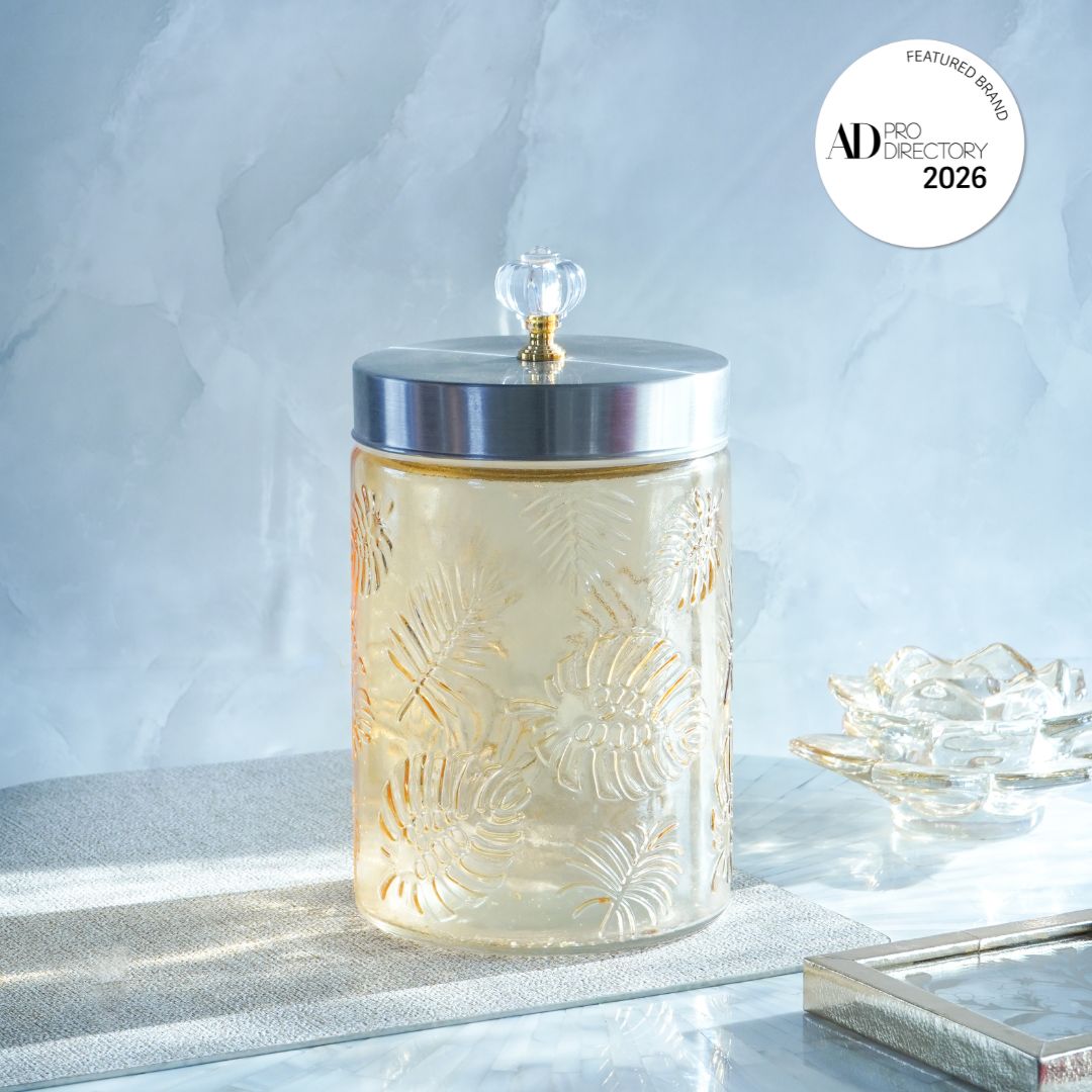 Large Gold Leaf Patterned Glass Jar w/ Airtight Lid & Crystal Knob