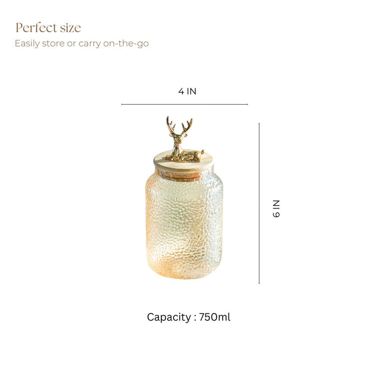 Hammered 750ml Glass Jar with Reindeer Airtight Lid, Gold