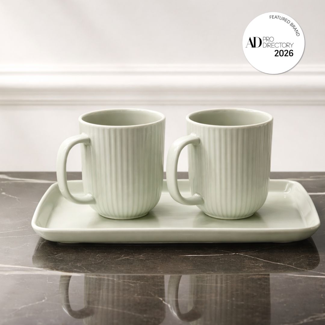 Ribbed Ceramic Mug Set with Tray, Sage Green 200ml