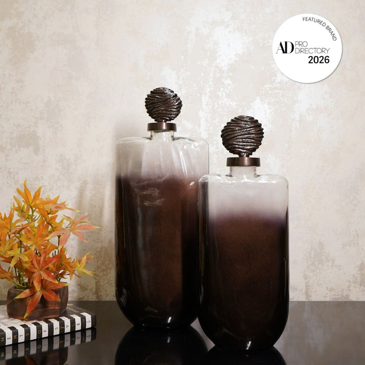 Grey & Black Textured Glass Décor Piece with Ornamental Lid, set of 2