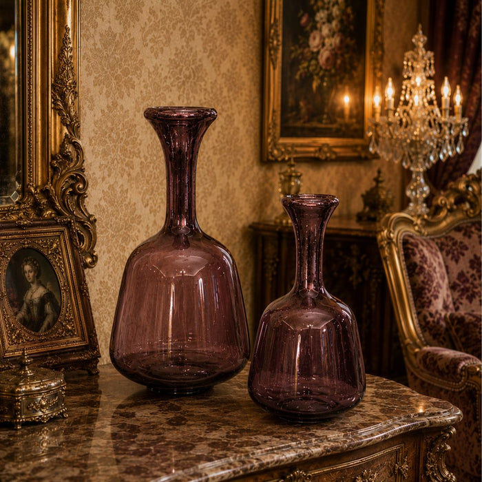 Purple Glass Surahi Decorative Vase, set of 2