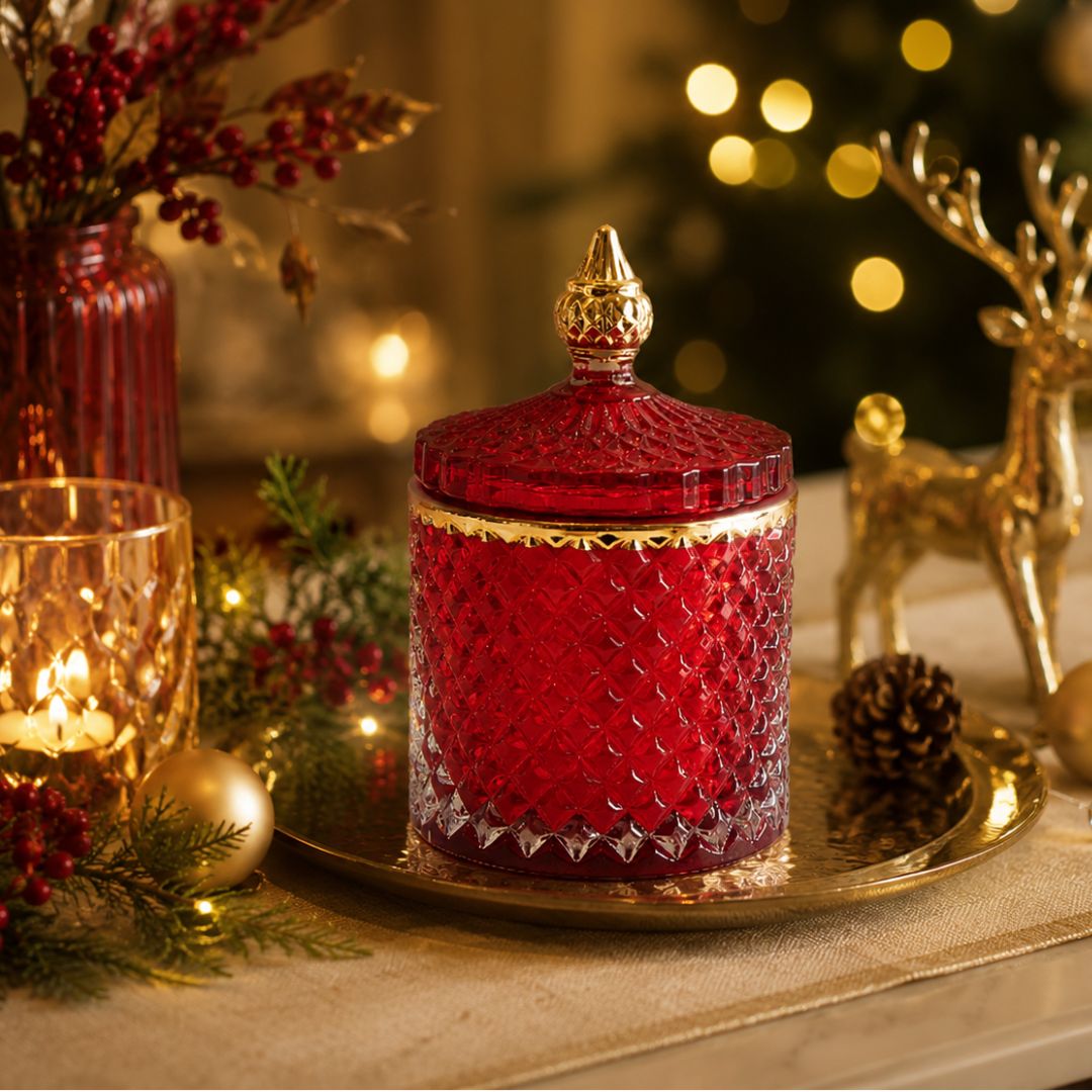 Red & Gold Crystal Jar Scented Candle with Lid