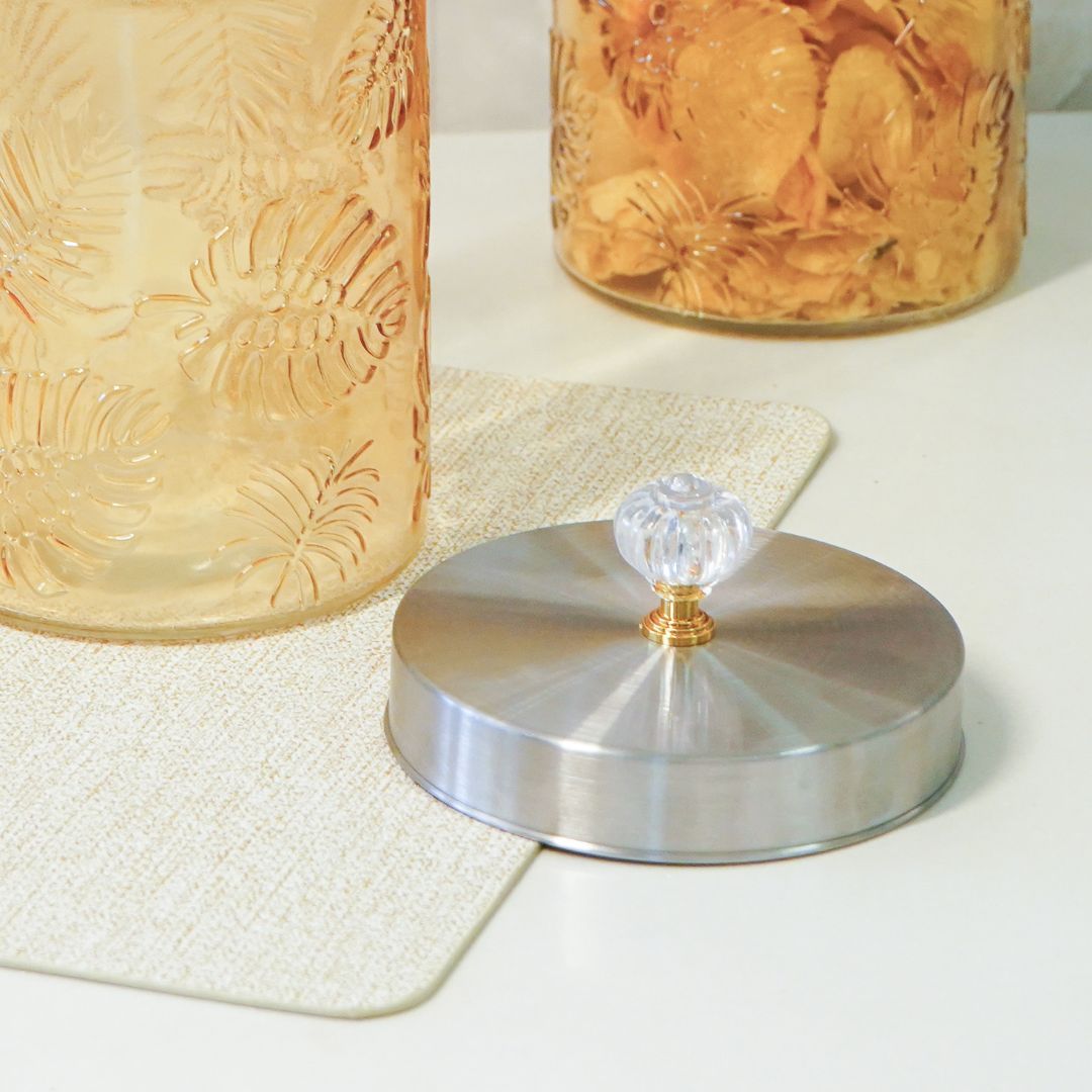 Large Gold Leaf Patterned Glass Jar w/ Airtight Lid & Crystal Knob