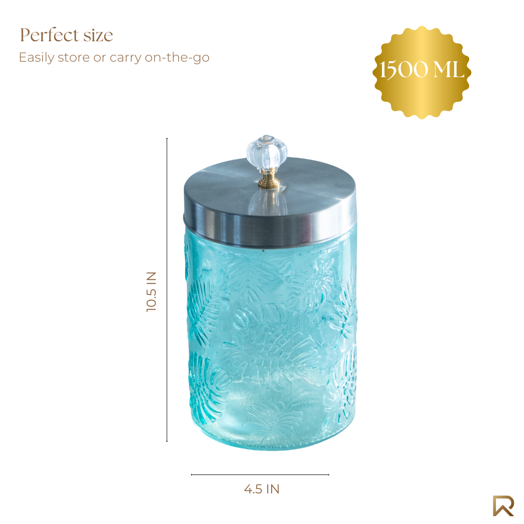 Large Blue Leaf Patterned Glass Jar w/ Airtight Lid & Crystal Knob