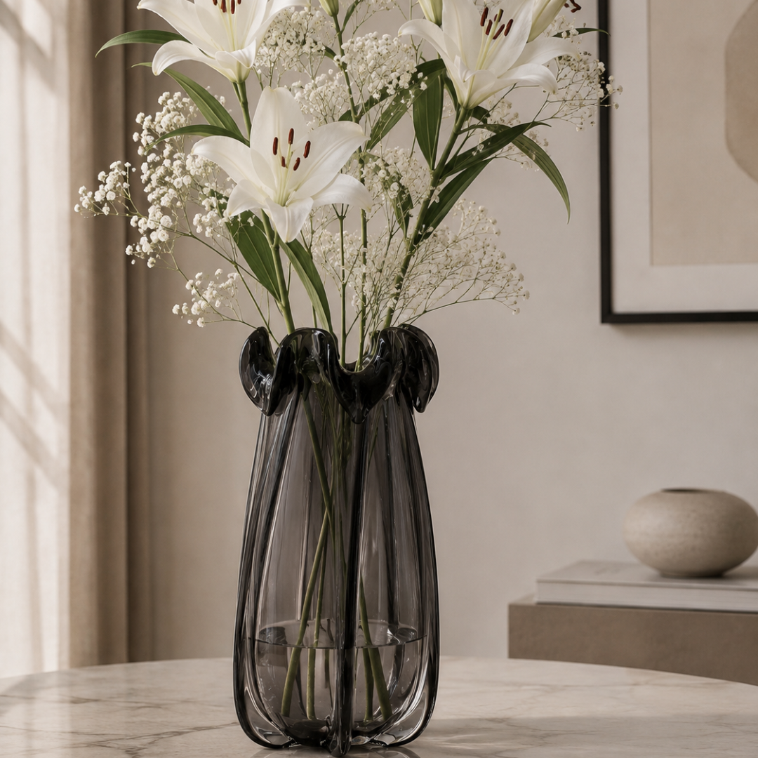 Sculpted Wave Glass Vase, Smoky Grey, Large
