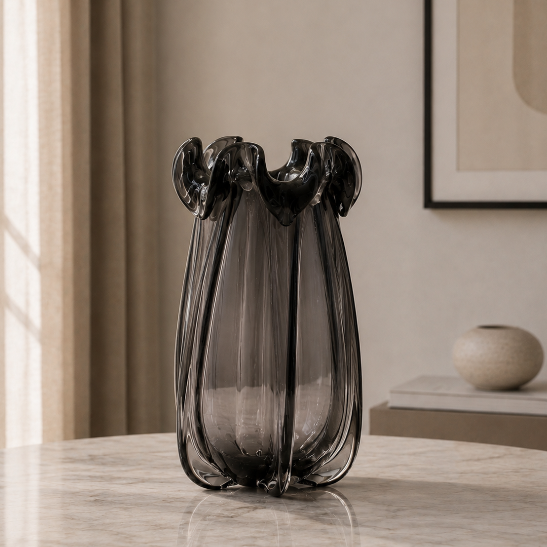 Sculpted Wave Glass Vase, Smoky Grey, Small