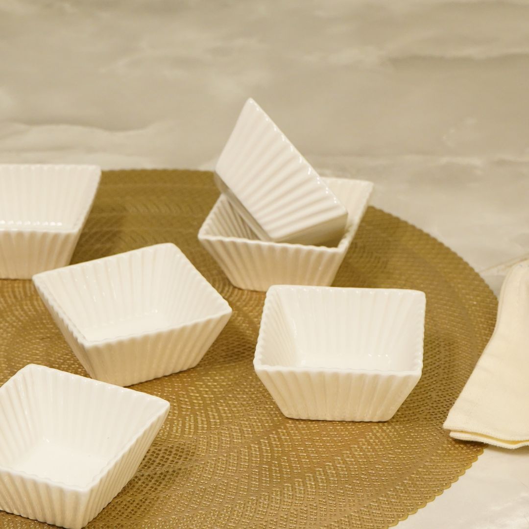 Set of 6, Classic White Ceramic Soufflé Bowls, Square