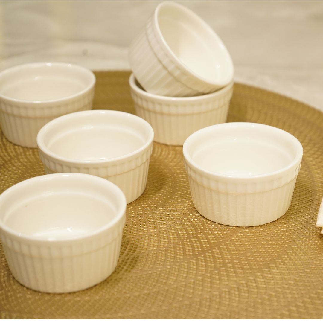 Set of 6, Classic White Ceramic Soufflé Bowls, Circular