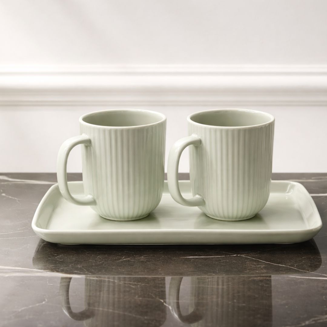 Ribbed Ceramic Mug Set with Tray, Sage Green 200ml