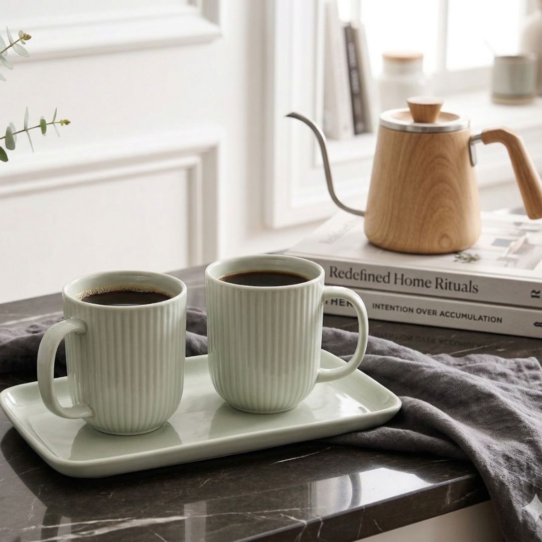 Ribbed Ceramic Mug Set with Tray, Sage Green 200ml