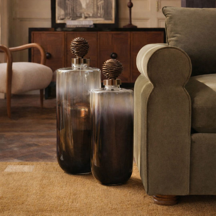 Grey & Black Textured Glass Décor Piece with Ornamental Lid, set of 2