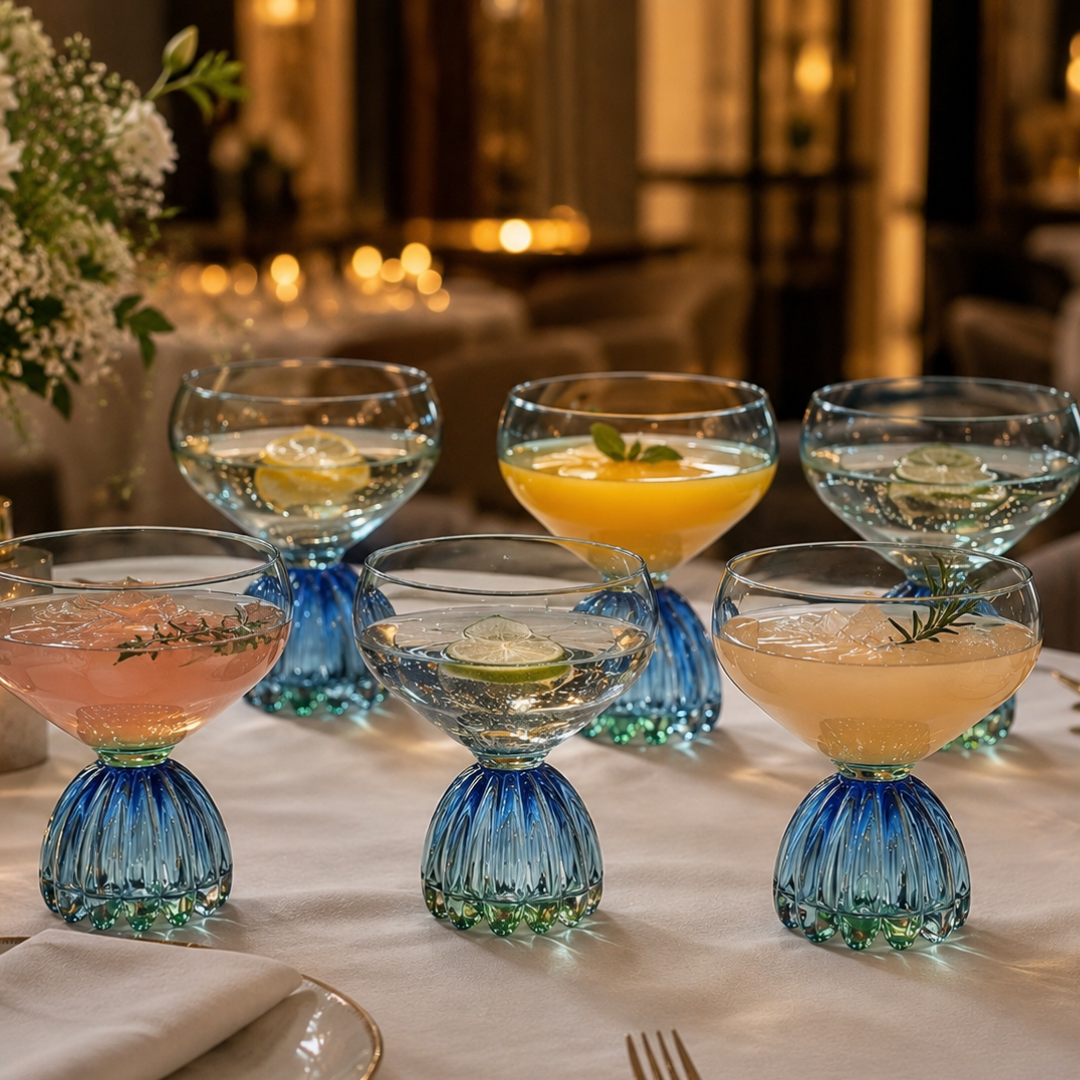 Fluted Petal Goblet Glass, Aqua, set of 6