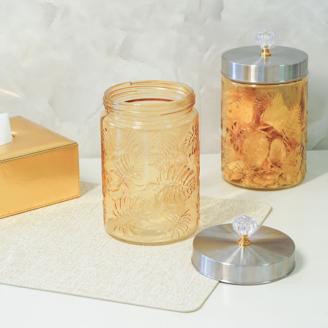 Large Gold Leaf Patterned Glass Jar w/ Airtight Lid & Crystal Knob