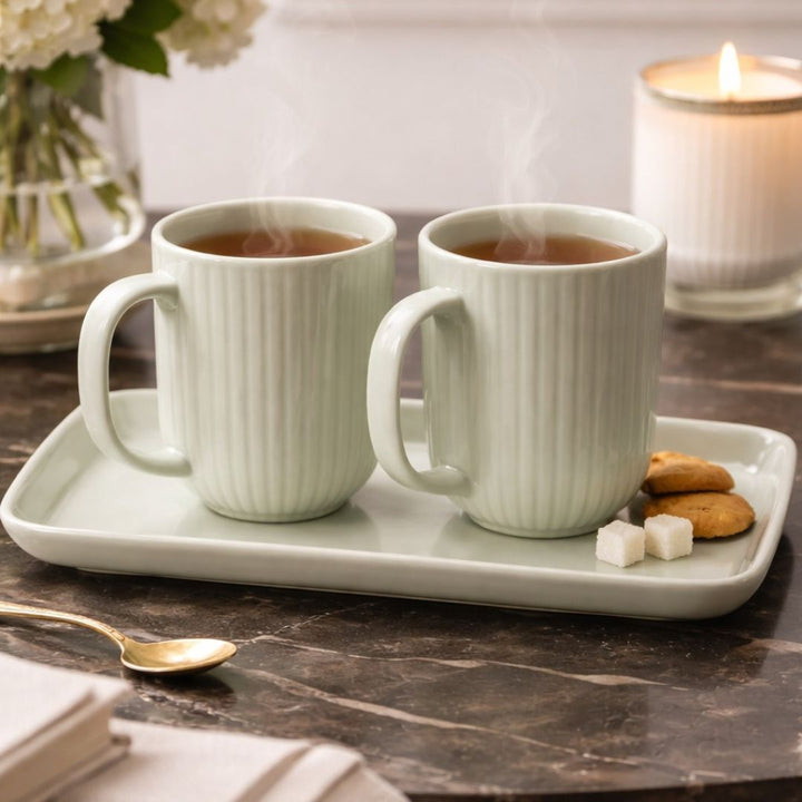 Ribbed Ceramic Mug Set with Tray, Sage Green 200ml
