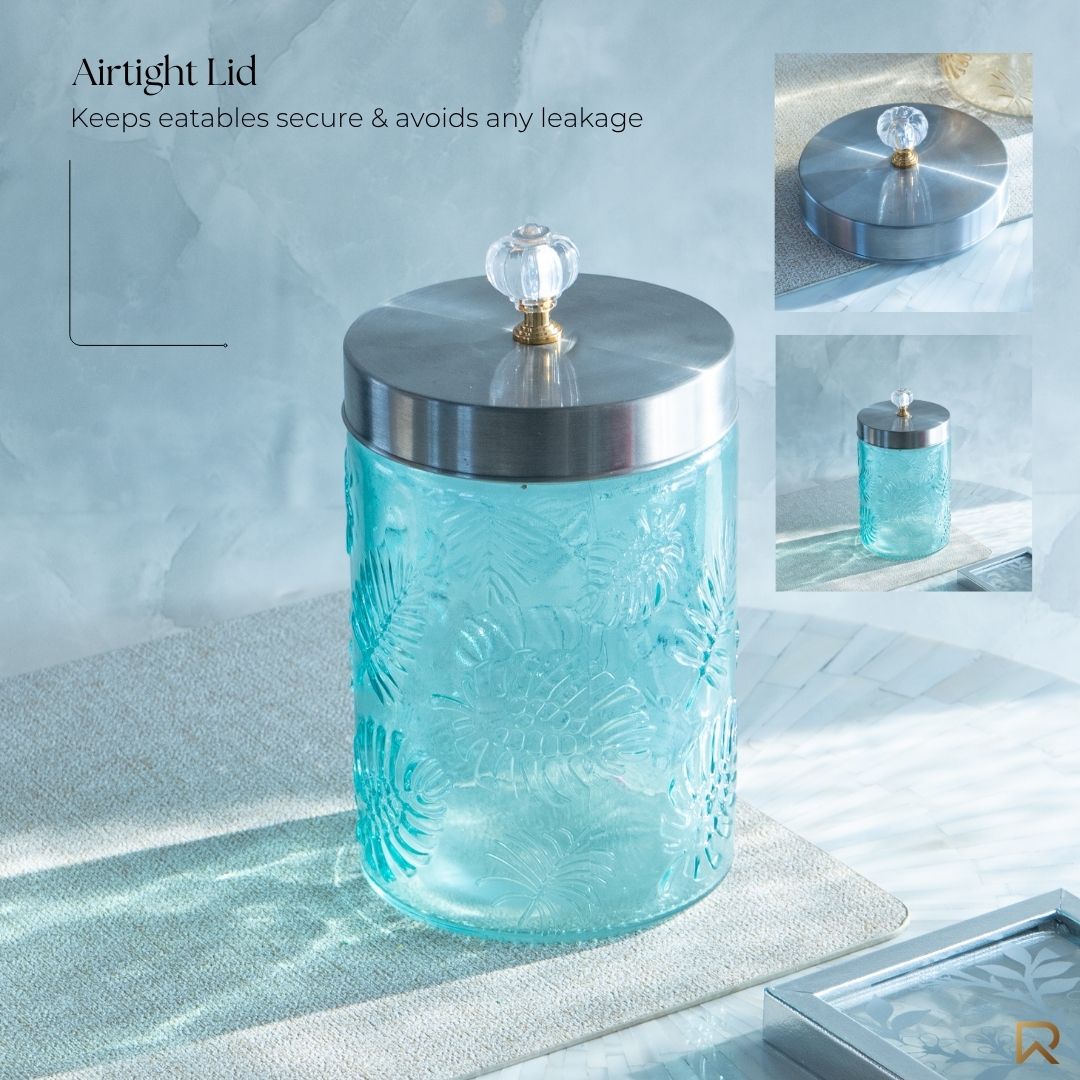 Large Blue Leaf Patterned Glass Jar w/ Airtight Lid & Crystal Knob