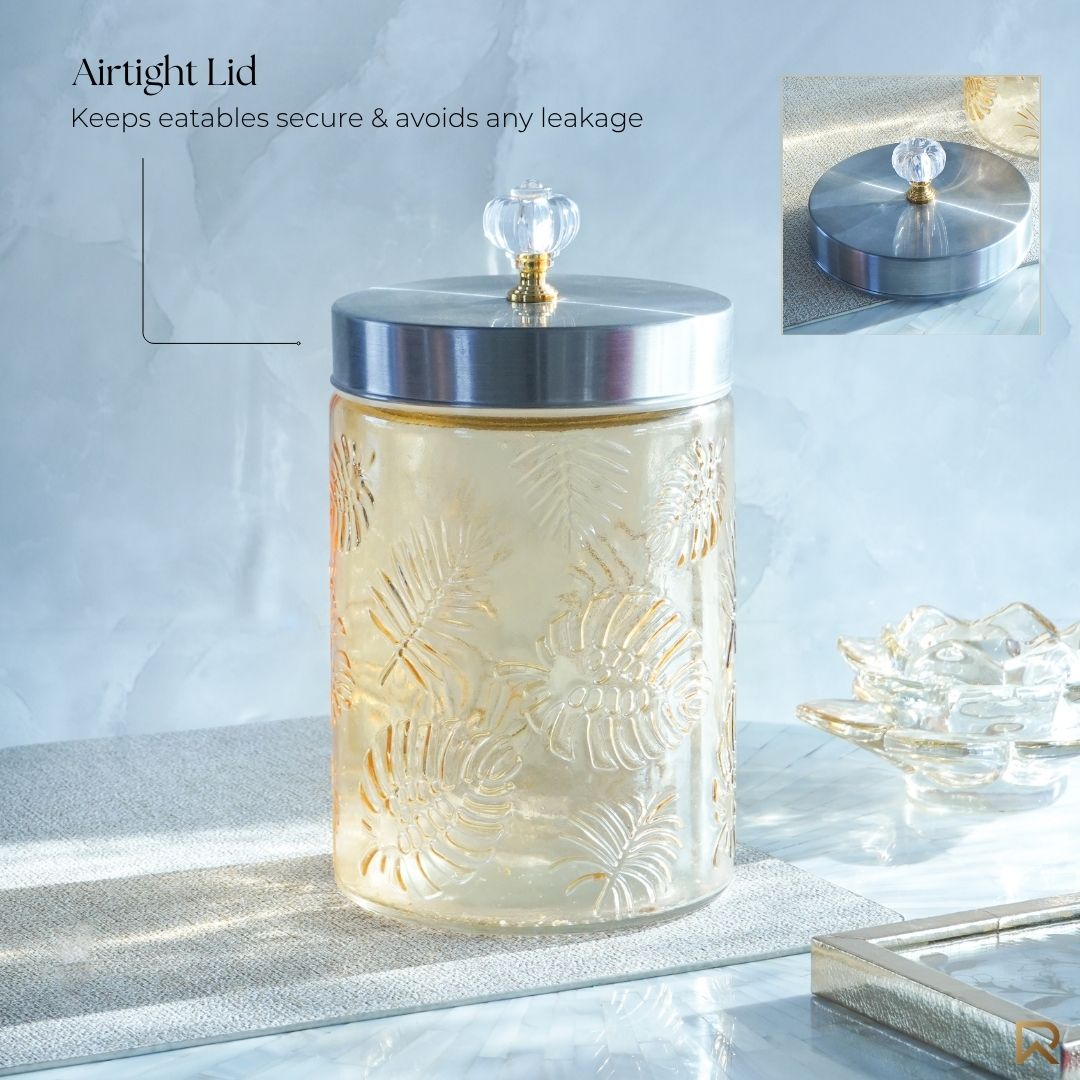 Large Gold Leaf Patterned Glass Jar w/ Airtight Lid & Crystal Knob