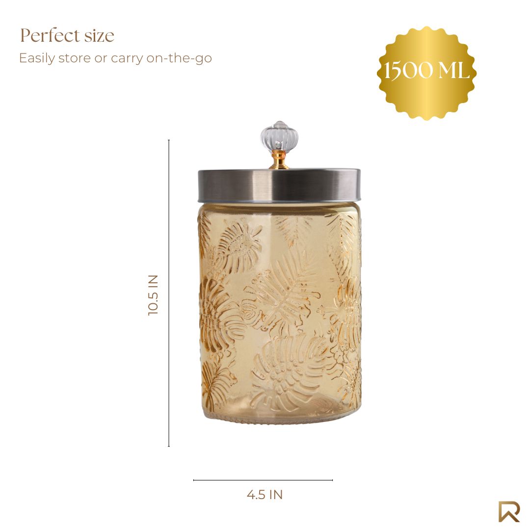 Large Gold Leaf Patterned Glass Jar w/ Airtight Lid & Crystal Knob