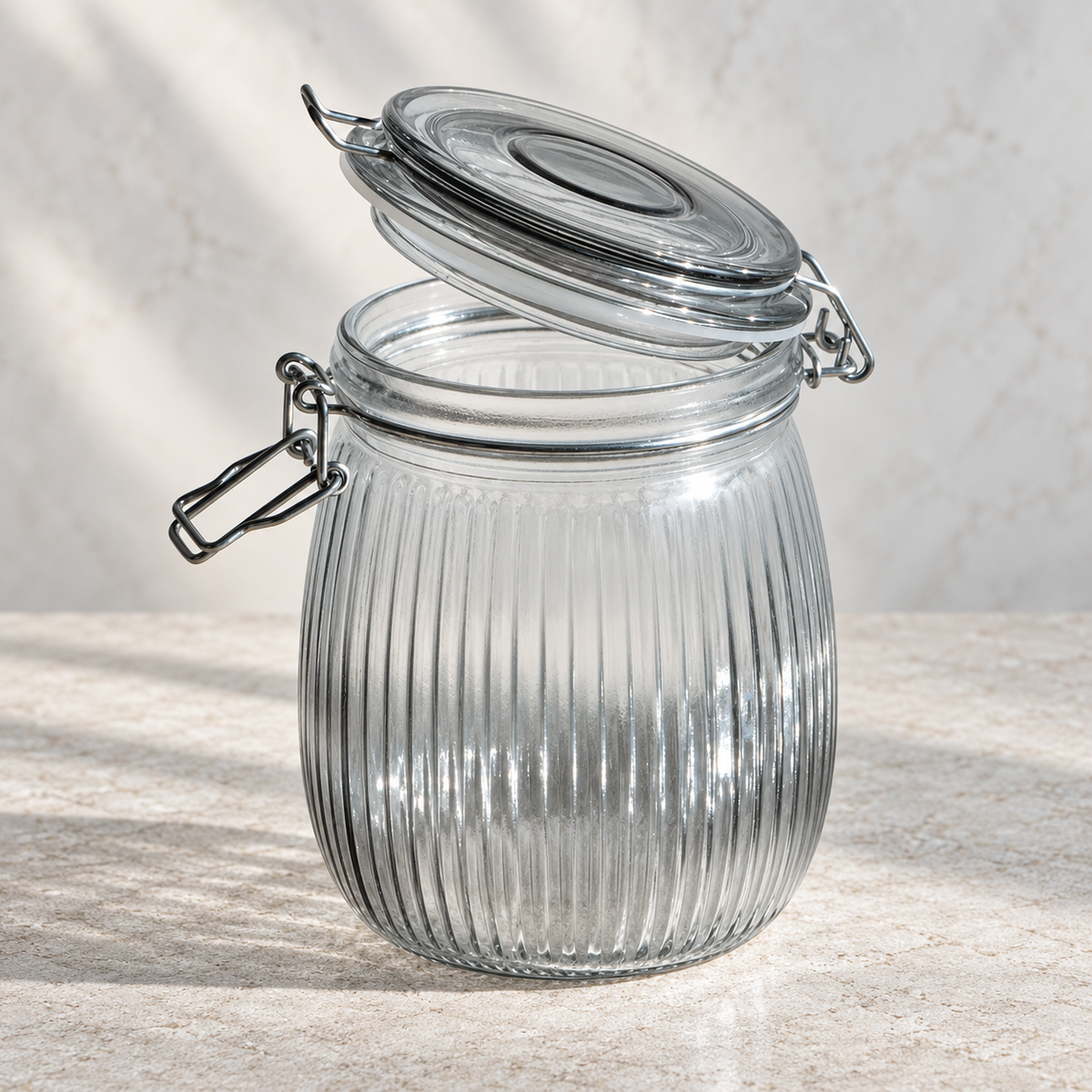 Fluted Airtight Mason Glass Storage Jar 850 ml, Grey