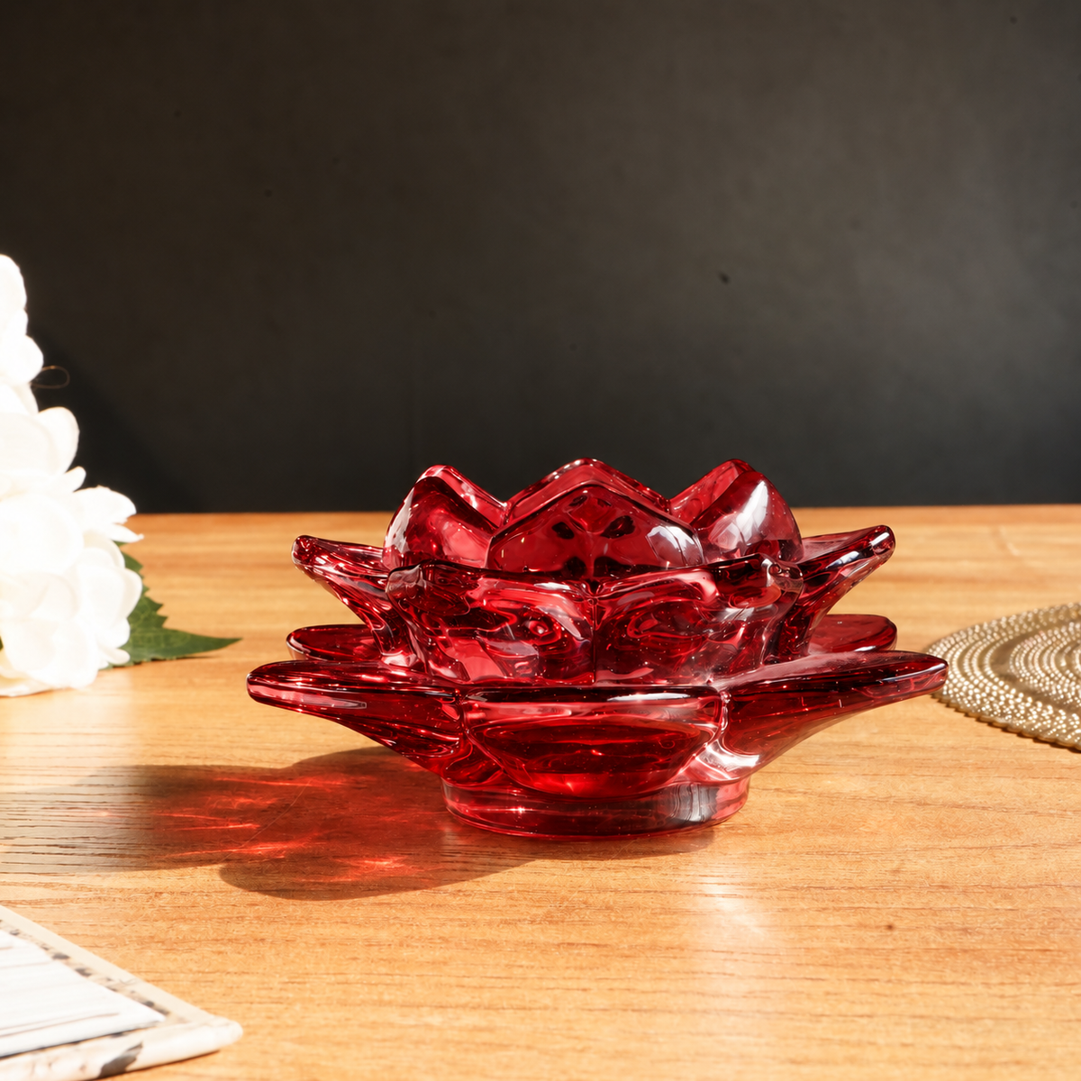 Red Lotus Glass Tealight Candle Holder