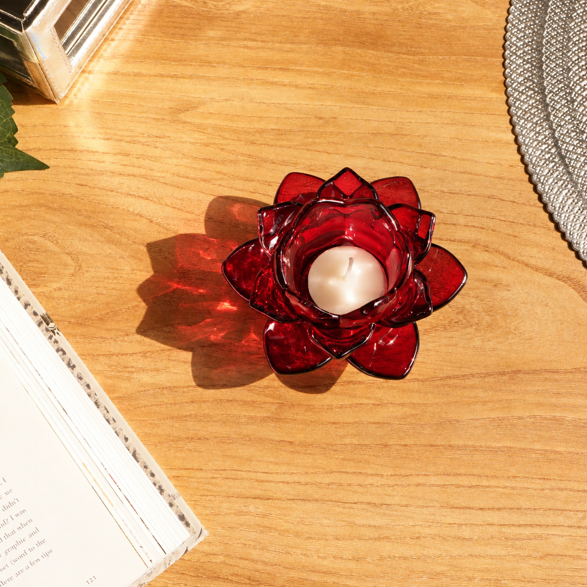 Red Lotus Glass Tealight Candle Holder