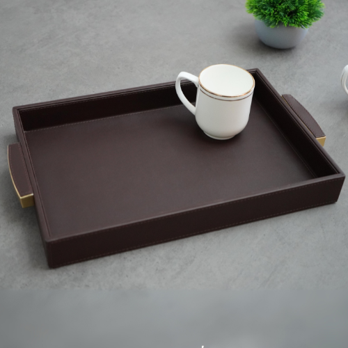 Brown Faux Leather Serving Tray with Gold Handles