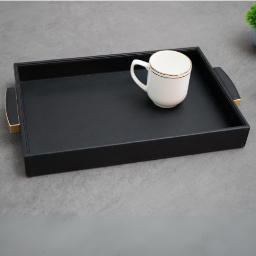 Black Faux Leather Serving Tray with Gold Handles