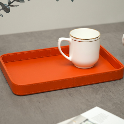 Orange Faux Leather Oblong Serving Tray