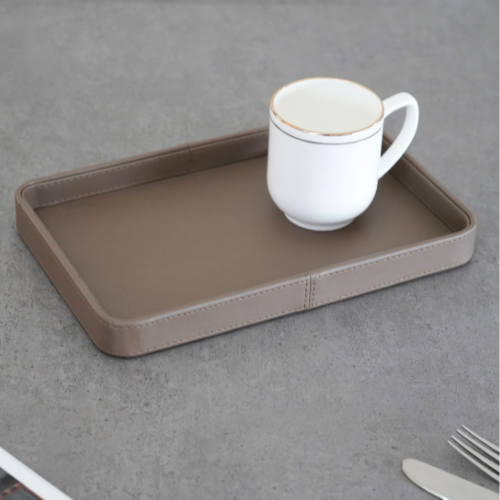 Brown Faux Leather Oblong Serving Tray