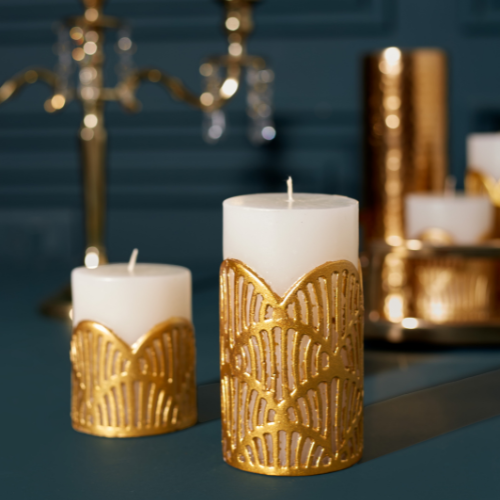 Crackle Jali Pillar Candle In Gold, Large