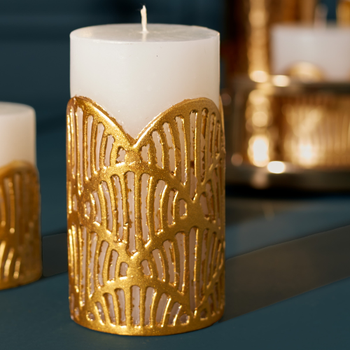 Crackle Jali Pillar Candle In Gold, Large