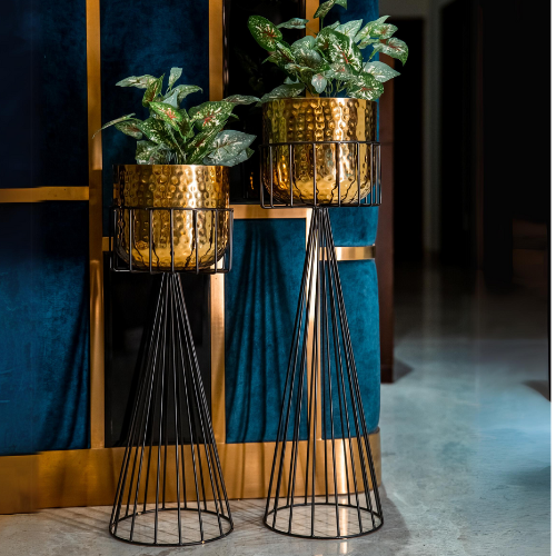 Pabellón Metal Planters In Textured Gold & Black Contrast, Set Of 2